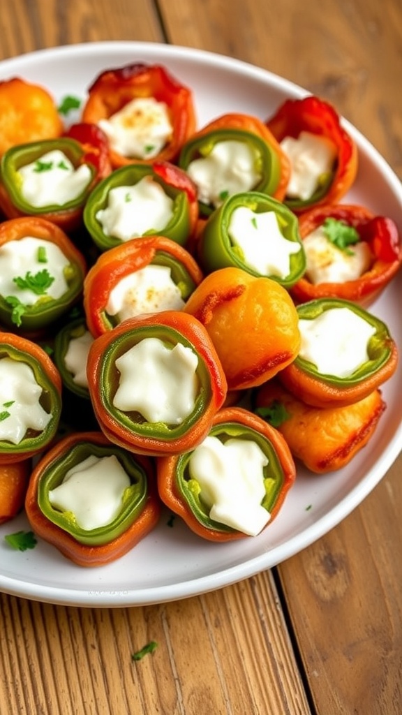 A plate of crispy bacon-wrapped jalapeños stuffed with cream cheese, garnished with herbs.